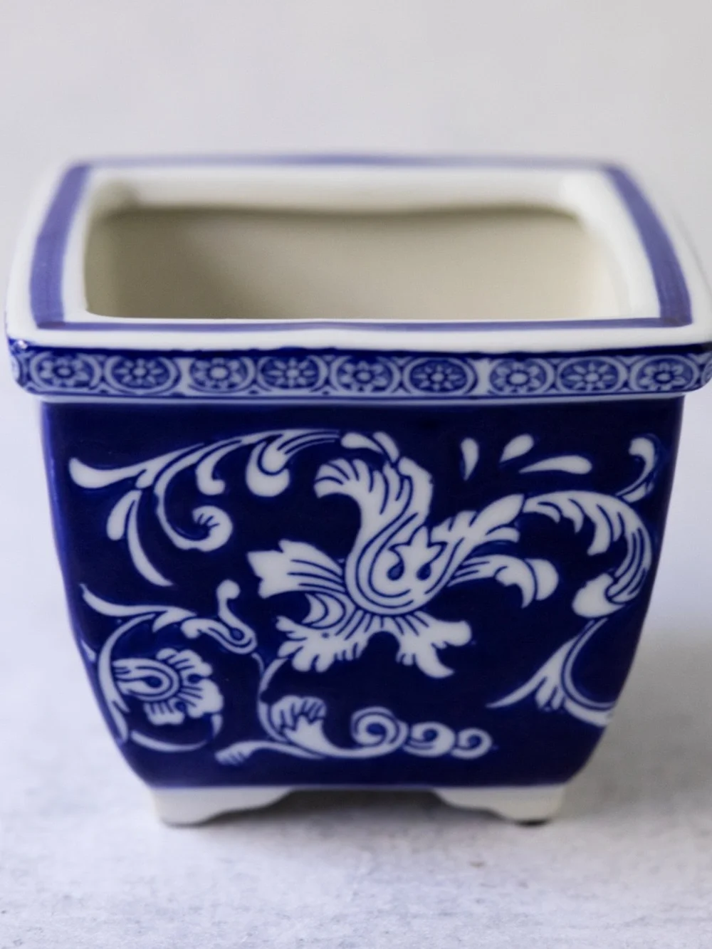 Blue white vintage square Asian chinoiserie ceramic planter 4.75